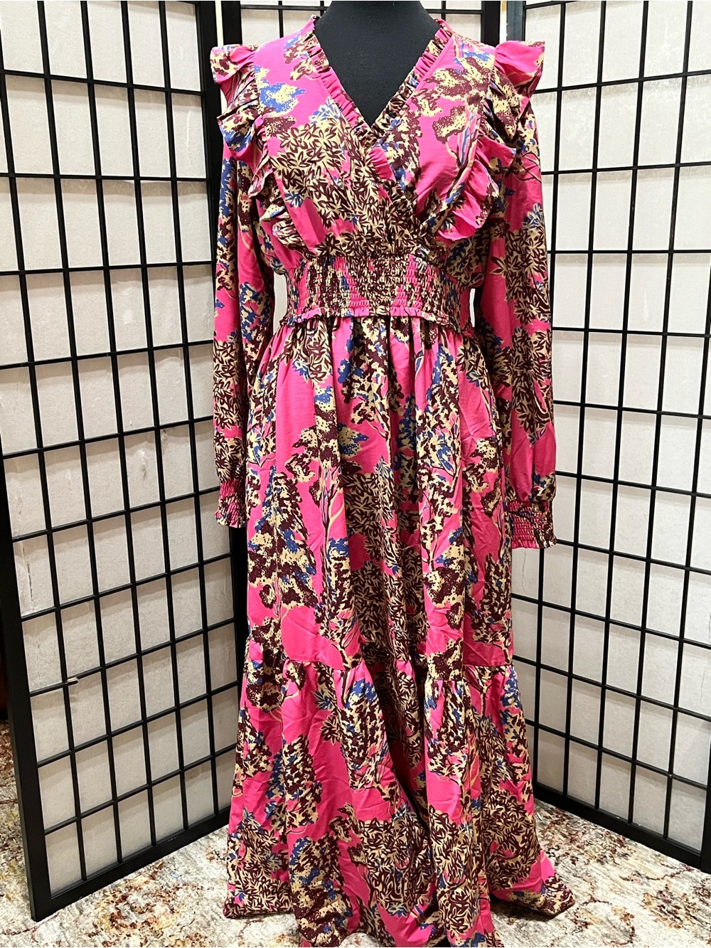 JODIFL LOS ANGELES Smocked Fuchsia Floral Ruffle Maxi Dress SIZE L